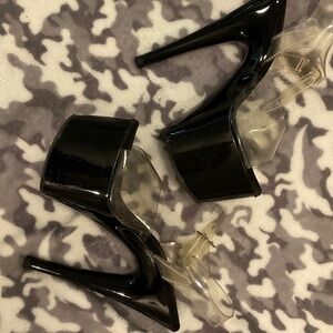 Pleaser Black Platform Heels with Clear Straps